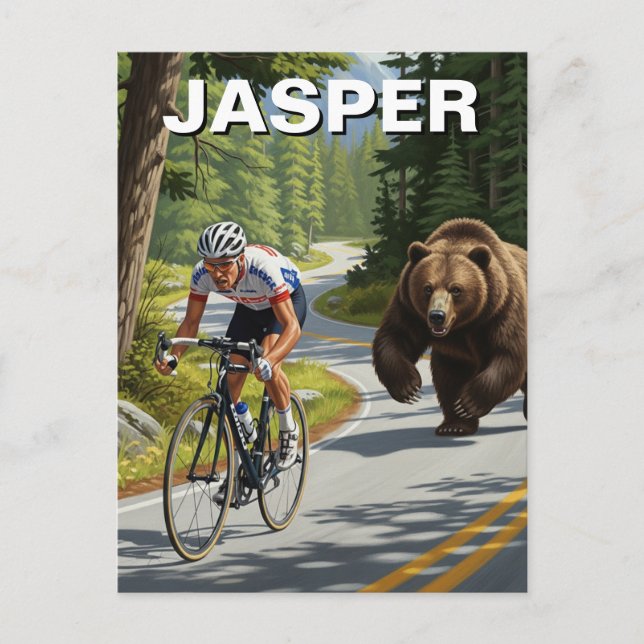 Bear chasing cyclist Jasper Canada Postcard (Front)