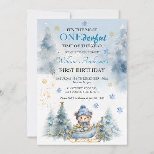 Bear Christmas One First Birthday Winter Invitation