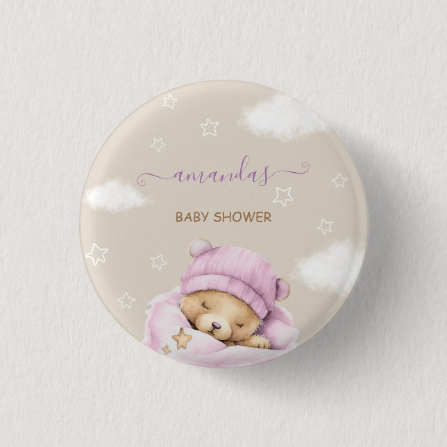 Bear clouds baby girl shower  3 cm round badge (Front)