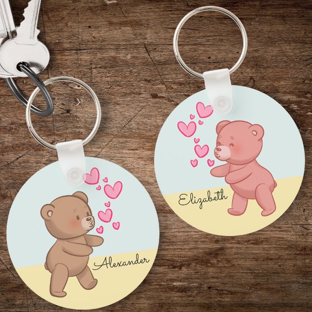 Bear Couple in Love Blue Personalised Key Ring (Bear couple keychain)