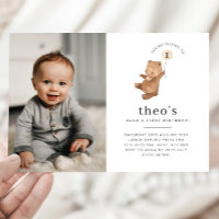 Bear Cream Balloon Photo 1st Birthday Invitation