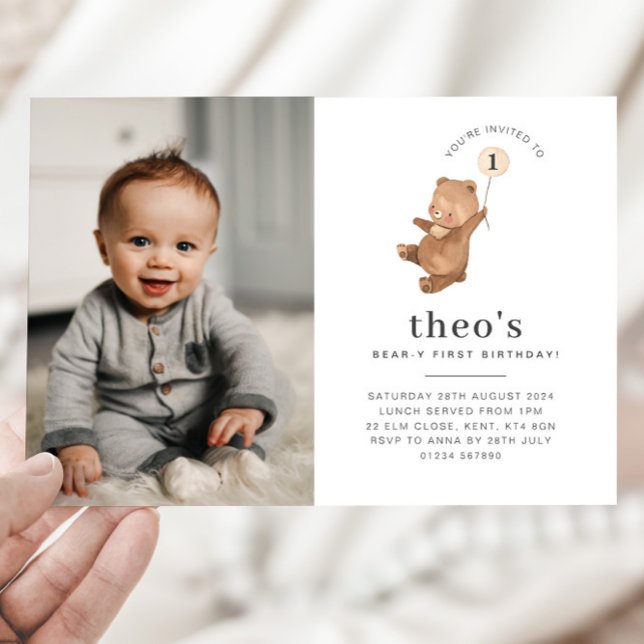 Bear Cream Balloon Photo 1st Birthday Invitation (Creator Uploaded)