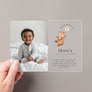 Bear Cream Balloon Photo 1st Birthday Invitation