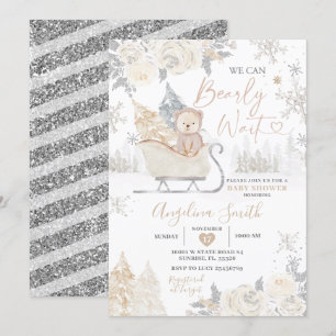 Bear Creamy White Snowflake Floral Baby Shower Invitation