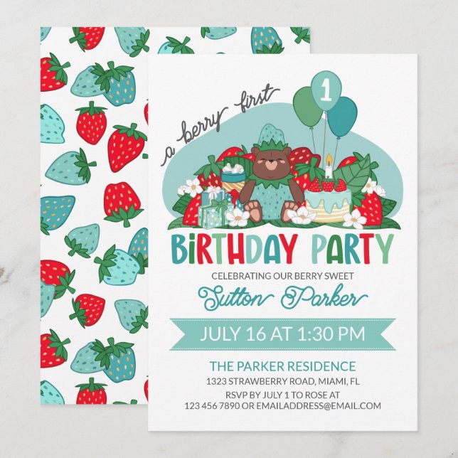 Bear Cub Blue Strawberry Berry 1st Birthday Party Invitation (Front/Back)