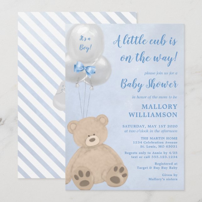 Bear Cub Boy Baby Shower Invitation (Front/Back)