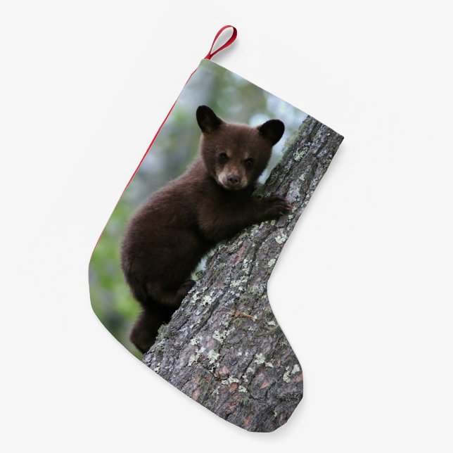 Bear Cub Climbing a Tree Small Christmas Stocking (Front (Hanging))