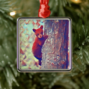 Bear cub climbing tree metal tree decoration
