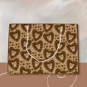 Bear Cub Face and Brown Heart Pattern Gift Bag
