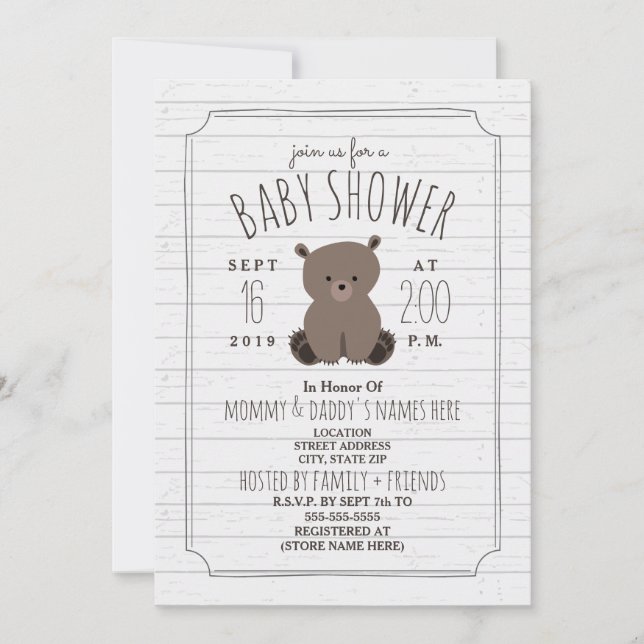 Bear Cub Grey Wood Baby Shower Invitation (Front)