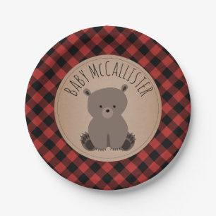 Bear Cub Lumberjack Plaid Baby Shower Paper Plate