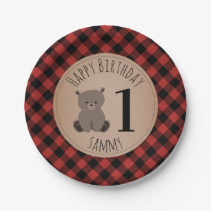 Bear Cub Lumberjack Plaid Birthday Party Paper Plate