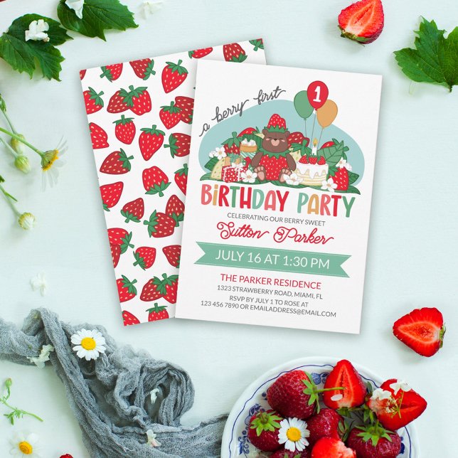 Bear Cub Red Strawberry Berry 1st Birthday Party Invitation (Creator Uploaded)