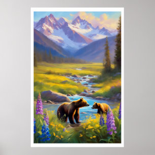 Bear Cub Snow Mountain Meadow Wildflowers Painting Poster