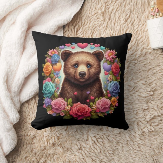 Bear Cub Surrounded by Roses and Hearts Cushion (Blanket)