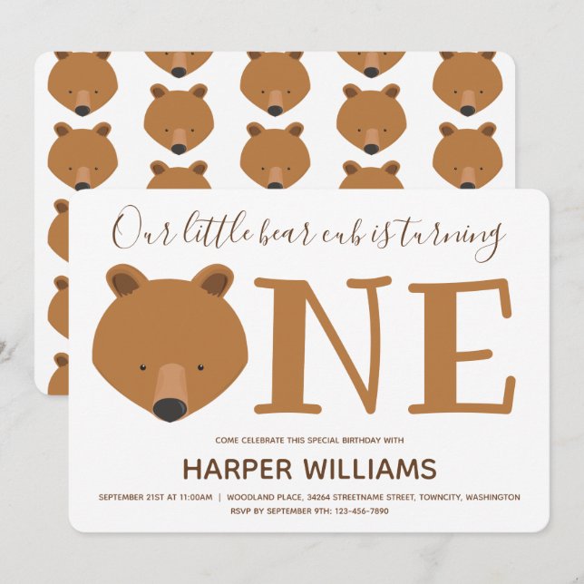 Bear Cub Turning One Cute Animal 1st Birthday Invitation (Front/Back)