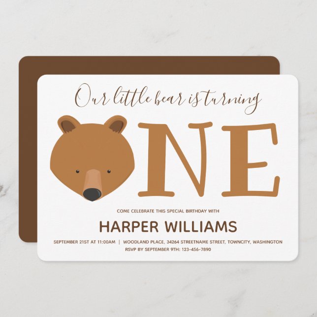 Bear Cub Turning One Cute First Birthday Invitatio Invitation (Front/Back)