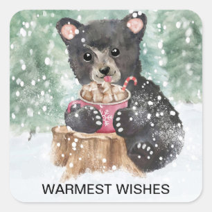 Bear Cub Warm Wishes Cocoa Christmas Square Sticker