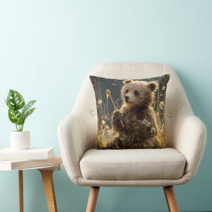 Bear Cub with Honey in a Wildflower Meadow Cushion