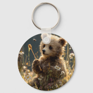 Bear Cub with Honey in a Wildflower Meadow Key Ring