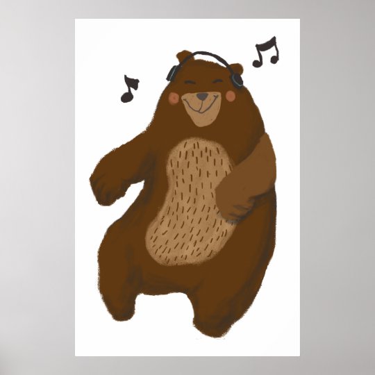 Bear Dancing Headphones Music Cute Drawing Poster | Zazzle.co.uk