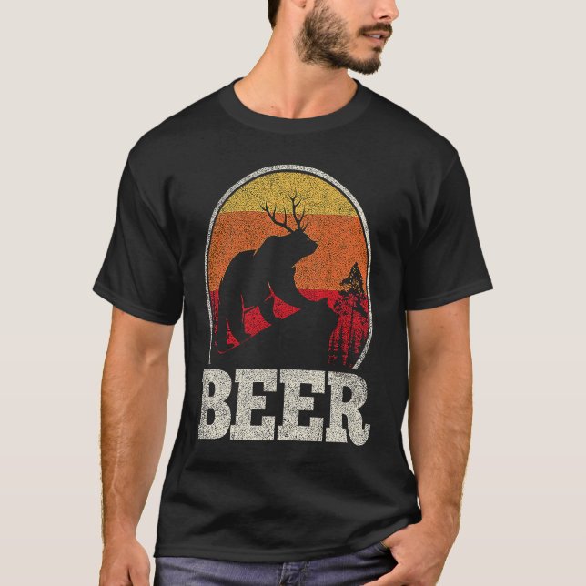 Bear Deer Antlers Funny Craft Beer Retro Graphic T-Shirt (Front)
