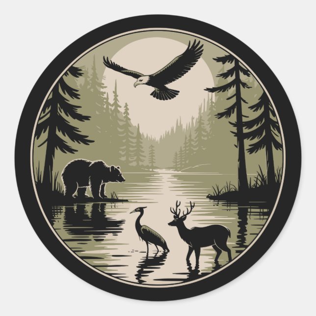 Bear Deer Eagle Moon Forest Silhouette Classic Round Sticker (Front)