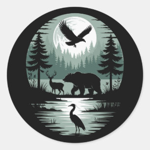 Bear Deer Eagle Moon Forest Silhouette Classic Round Sticker