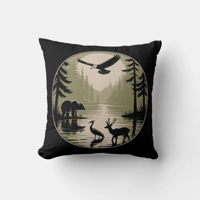 Bear Deer Eagle Moon Forest Silhouette Cushion (Front)