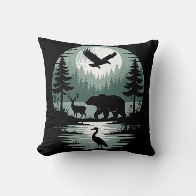 Bear Deer Eagle Moon Forest Silhouette Cushion (Front)