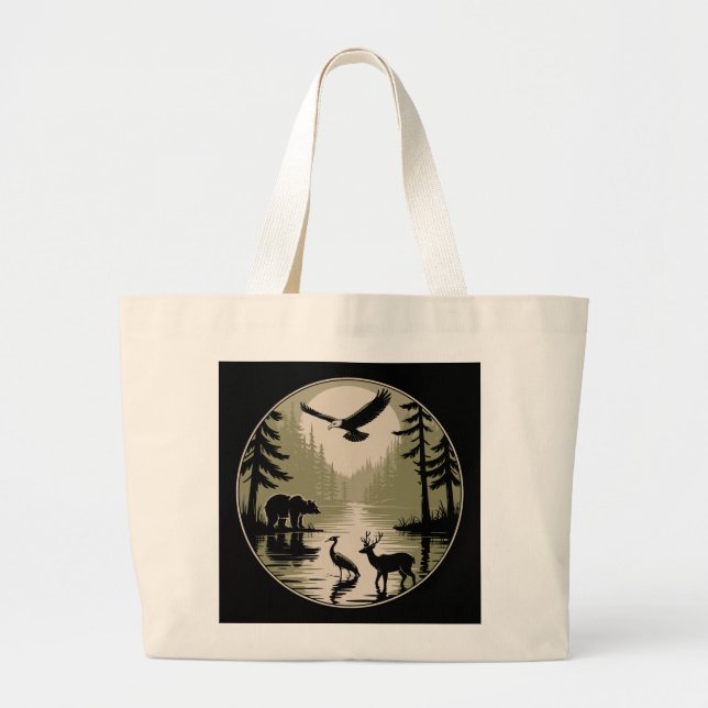 Bear Deer Eagle Moon Forest Silhouette Large Tote Bag (Front)