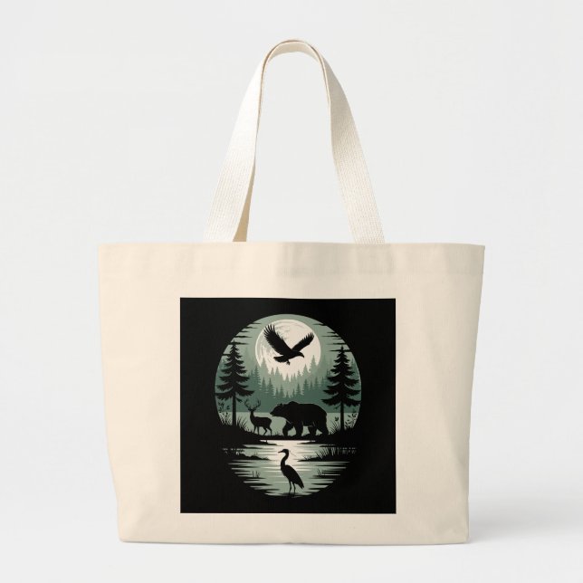 Bear Deer Eagle Moon Forest Silhouette Large Tote Bag (Front)