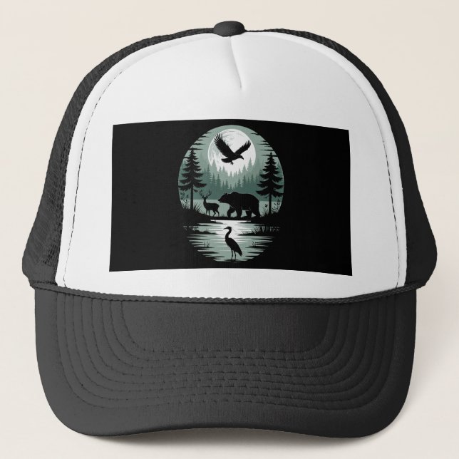 Bear Deer Eagle Moon Forest Silhouette Trucker Hat (Front)