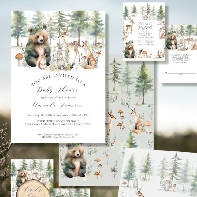 Bear Deer Forest Woodland Cute Animals Baby Shower Invitation (Creator Uploaded)