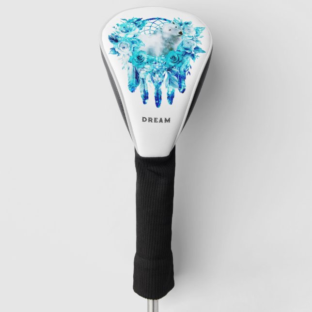 Bear Dreamcatcher Teal Ice Blue Floral Golf Head Cover (Front)