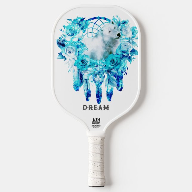 Bear Dreamcatcher Teal Ice Blue Floral Pickleball Paddle (Front)
