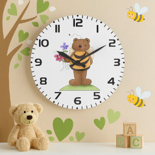 Bear Dressed as Bumblebee with Flowers Large Clock