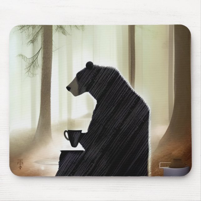 Bear Drinking Coffee in the Woods Mouse Mat (Front)