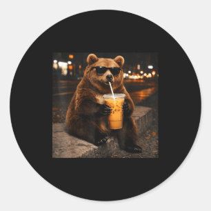 Bear drinking iced coffee funny animal meme men classic round sticker