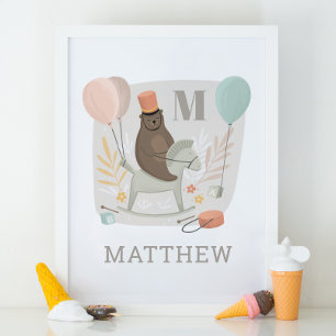 Bear drummer and horse. Baby boy monogram Nursery Poster