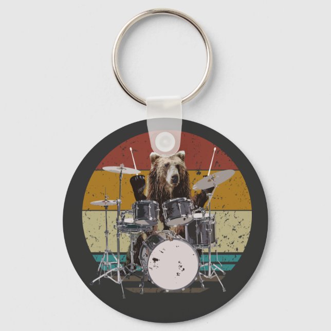 Bear Drummer Playing Drums Basic Button Keychain (Front)