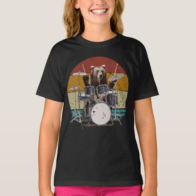 Bear Drummer Playing Drums Girl T-Shirt (Front)