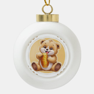 bear eating honey ceramic ball christmas ornament