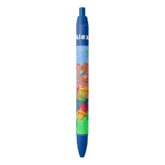 Bear eating honey kid personalised blue pen