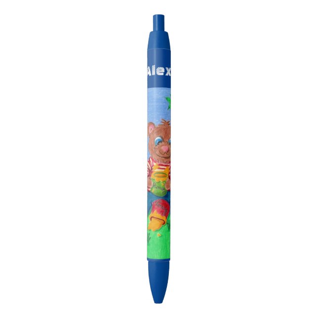 Bear eating honey kid personalised blue pen (Front Vertical)
