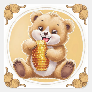 bear eating honey square sticker