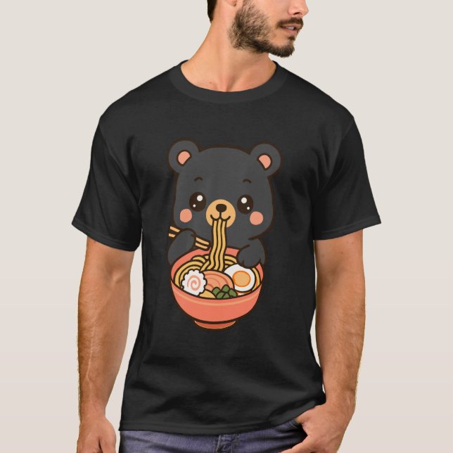 Bear Eating Ramen Noodles Kawaii Cute Funny T-Shirt (Front)