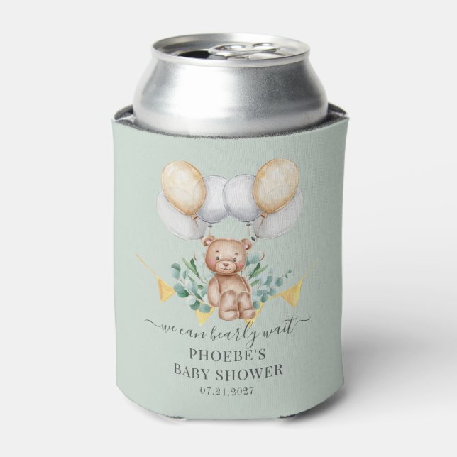 Bear Eucalyptus Baby Shower Bearly Wait Can Cooler (Can Front)