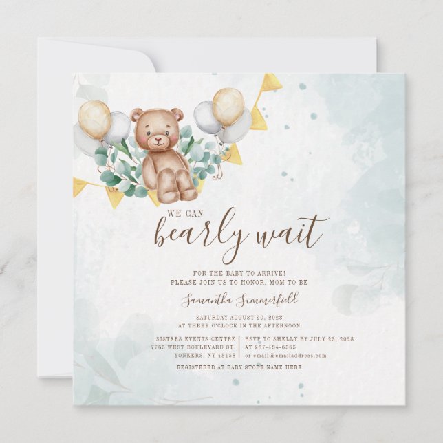 Bear Eucalyptus Foliage Watercolor Baby Shower Invitation (Front)