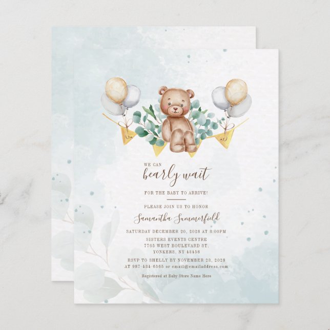 Bear Eucalyptus Watercolor Boy Baby Shower (Front/Back)
